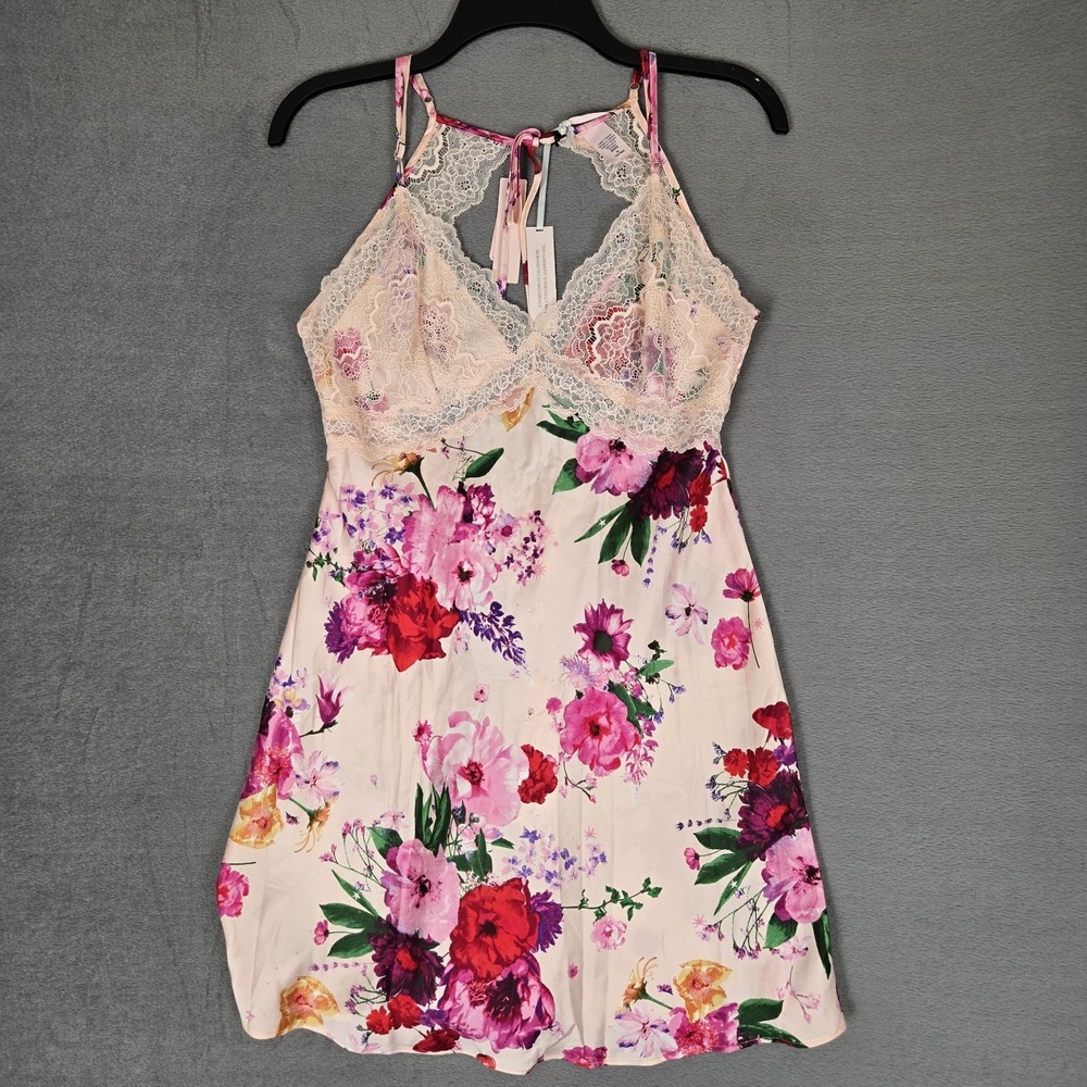 Victorias Secret Lace Plunge Open Back Slip Dress Medium Purest Pink Midnight